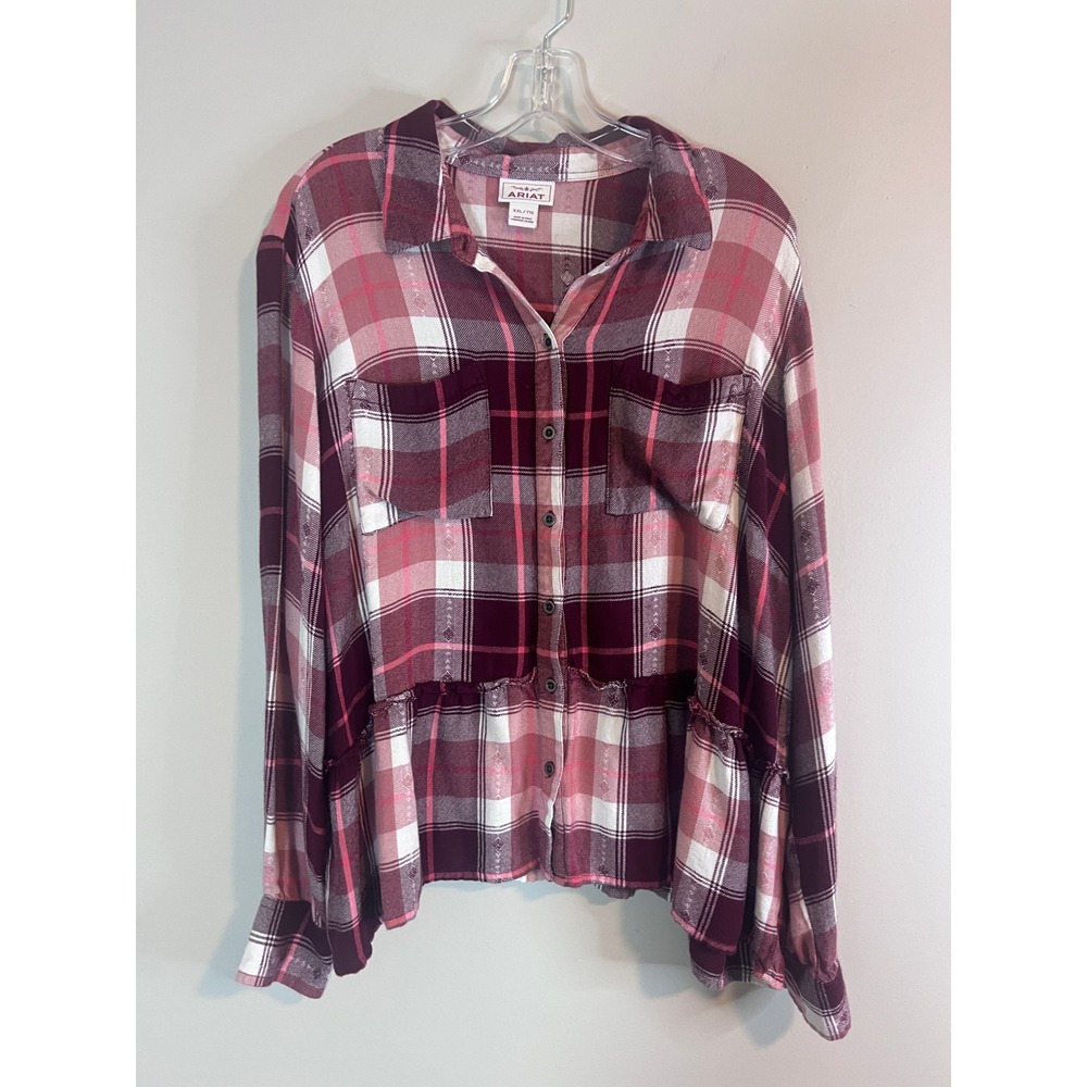 Ariat Womens XXL Plaid Peplum Button Down Shirt Burgundy Pink Long Sleeve Top